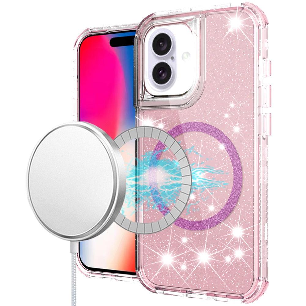 iPhone 16 Magnetic Ring Glitter 3in1 Hybrid Case Cover