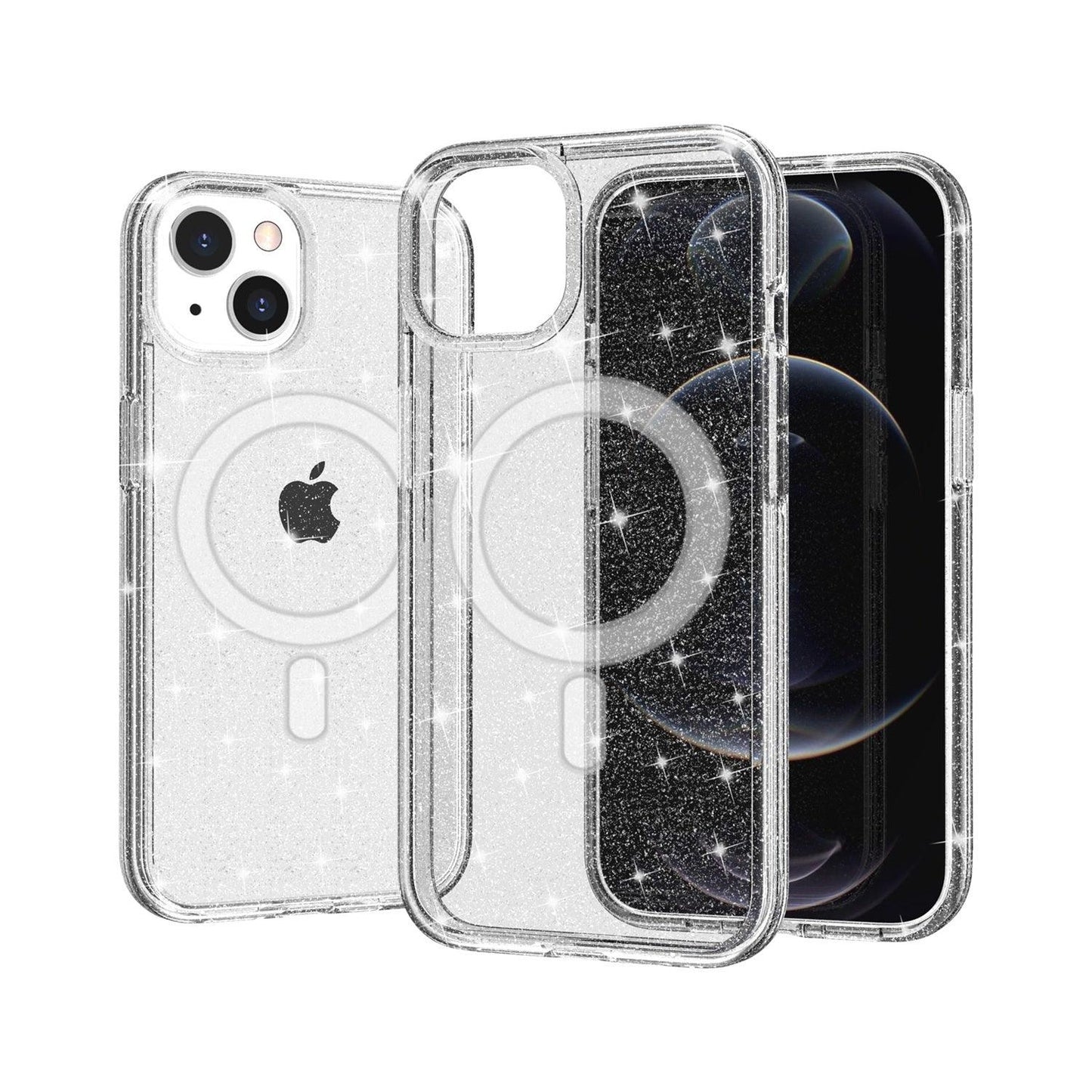 iPhone 14 Pro Max Glitter Magnetic Circle Transparent Hybrid Case