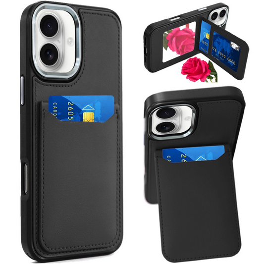 iPhone 17 Card Holder with Mirror Inside PU Leather Case Black